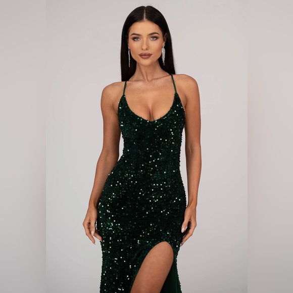 Side Slit Velvet Sequin Gown - Emerald - Picture 3 of 7
